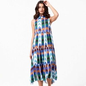 Oliphant Geometric Chevron Tiered Midi Dress Cotton Silk Blend Colorful‎ XS